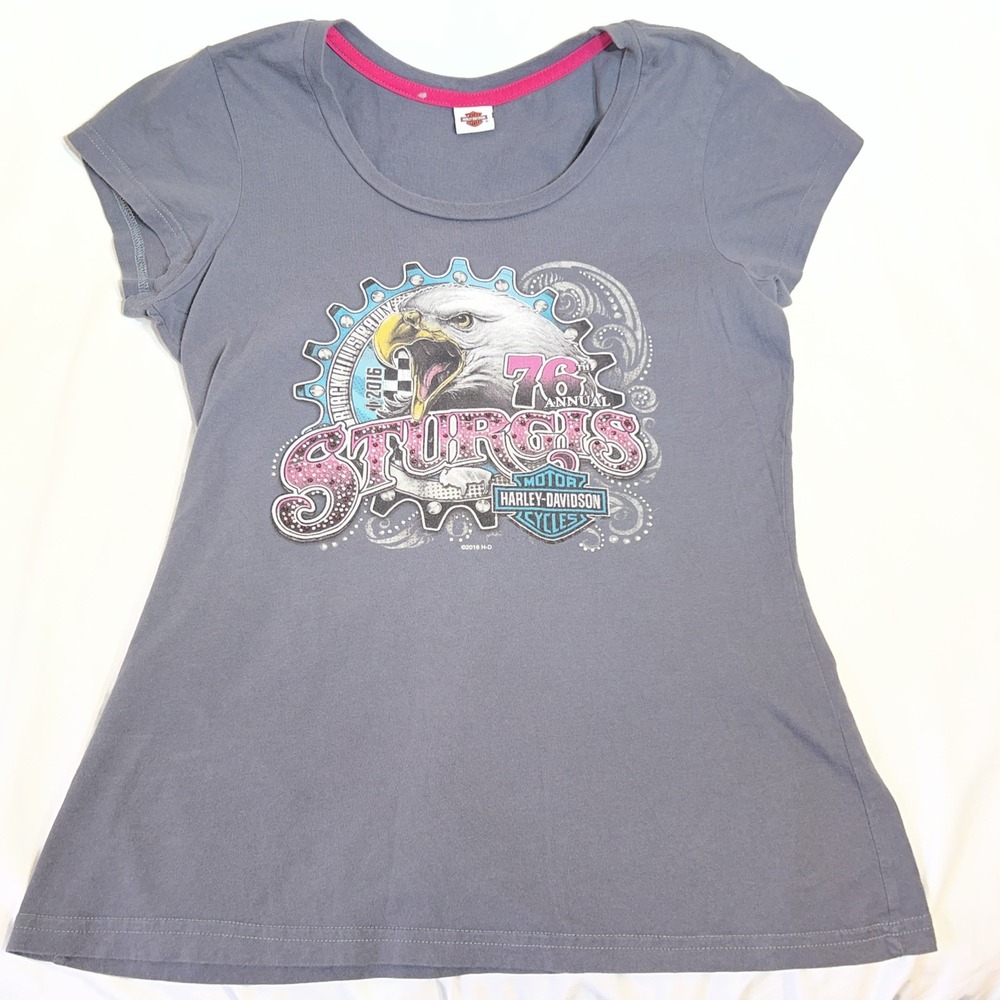 Harley Davidson Sturgis 2016 76th Annual Rally Eagle Rhinestone Gray T-Shirt L - Picture 1 of 9